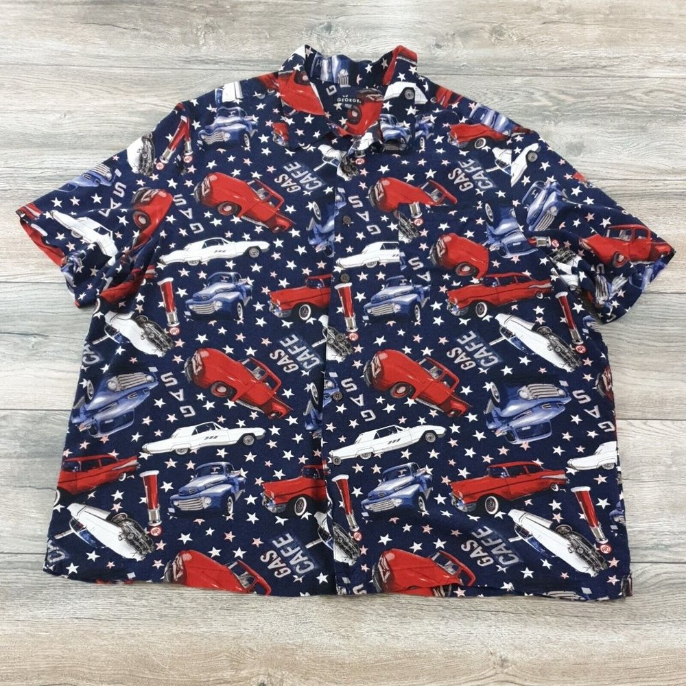 George 3XL 54-56 Mens Short Sleeve Shirt Vintage Car Patriotic Vacation Party